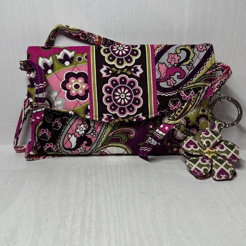 Vera Bradley‎ Pricilla Pink Trim Fold Tie String Wallet with Keychain
